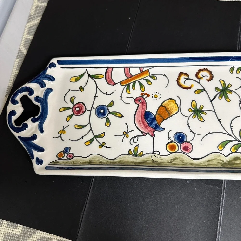 Sur la Table Appetizer Tray w/ Handles Portugal Stylized Foliage Folk Artsy - Picture 3 of 10